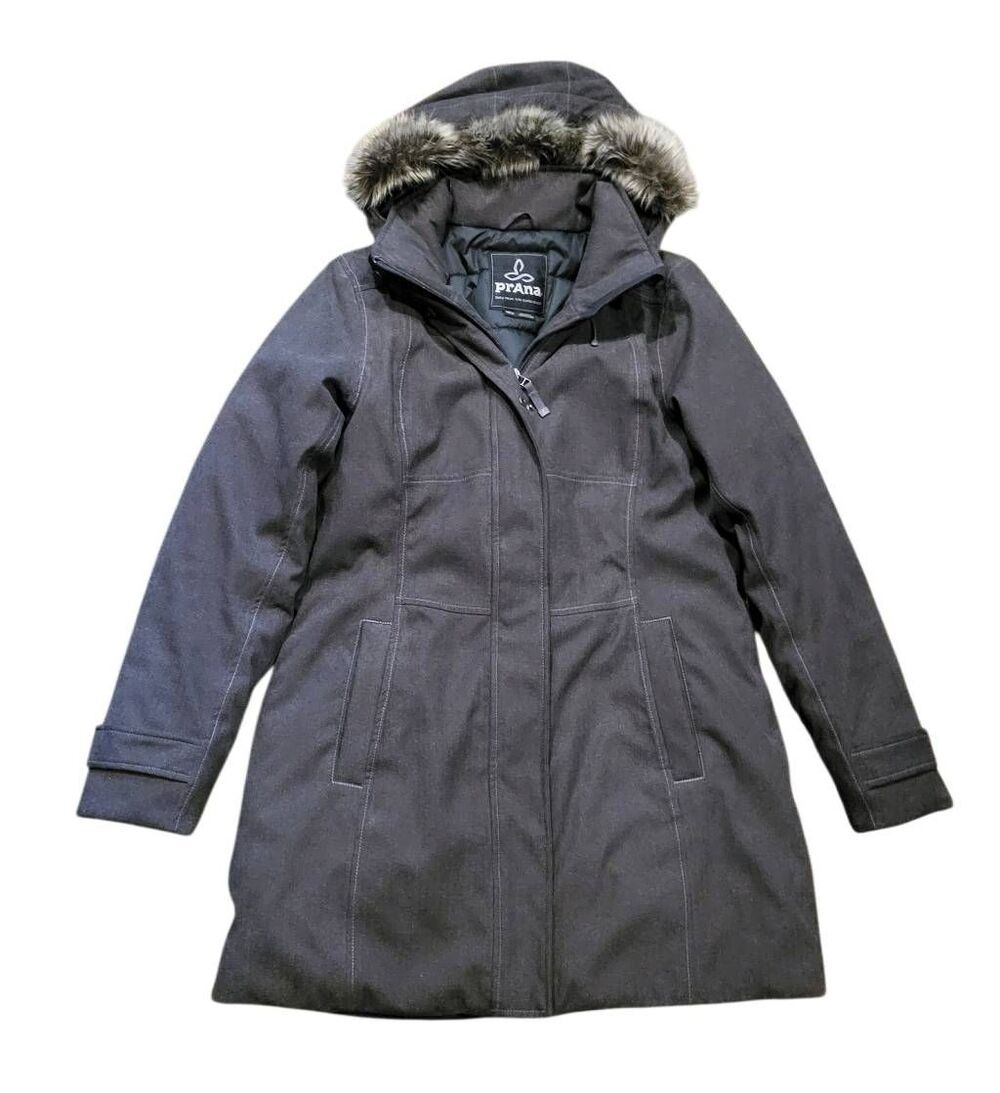 Prana Coat Women's Gray Medium Maja Jacket Faux Fur Hooded PrimaLoft Winter